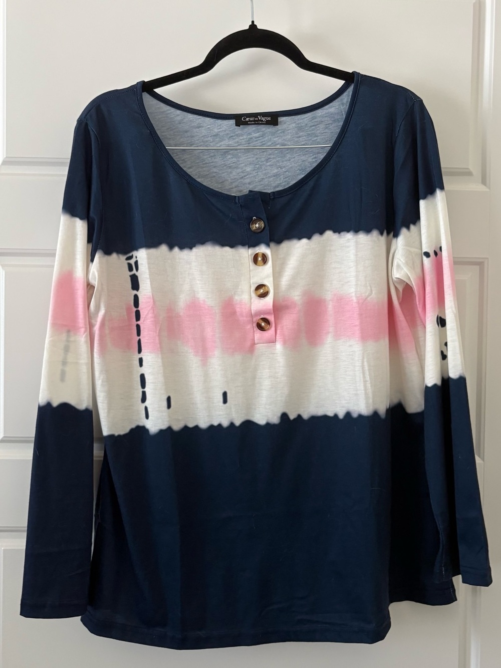 Coeur de Vague Navy White Pink Tie-Dye Henley Long Sleeve Top